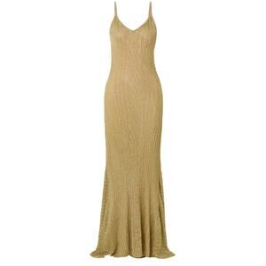 Victoria Beckham Shimmering Gold Ribbed Knit Maxi Dress Size M